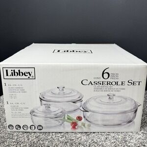 Libbey Casserole Set 6-Piece Glass Casserole Serving Set with Glass Lids ~ NIB